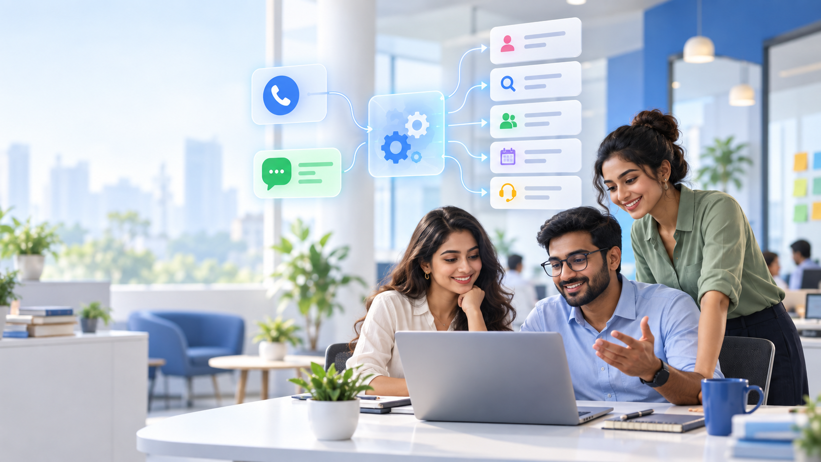Employees using phone and WhatsApp automation for workplace operations